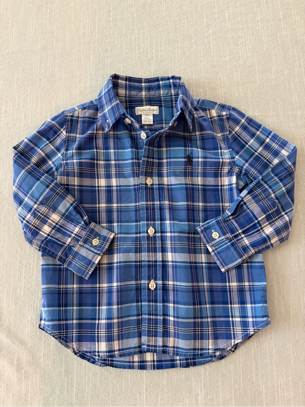 Ralph Lauren Blue and White Plaid Button-Down Shirt for Kids